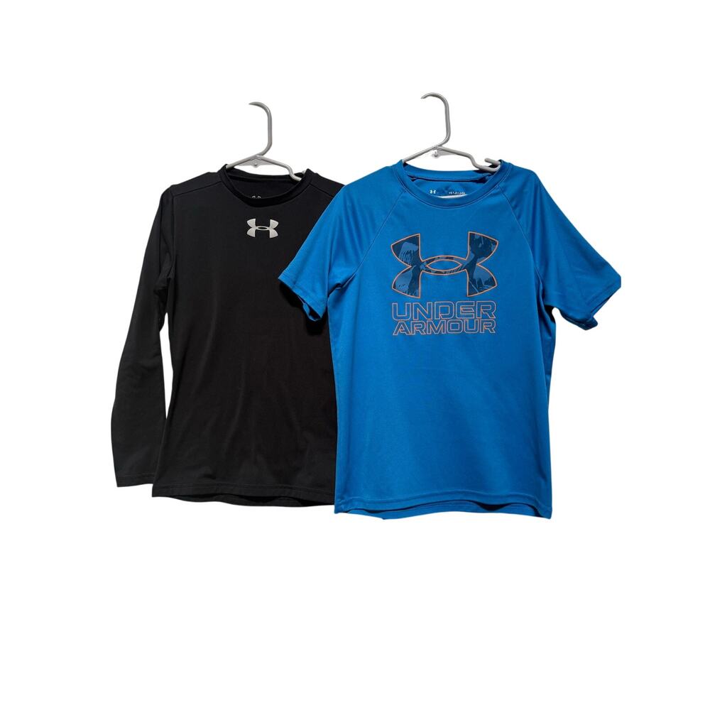 Under Armour Shirt Lot Boys Small Fitted Long Sleeve Cold Gear Black, Blue Loose